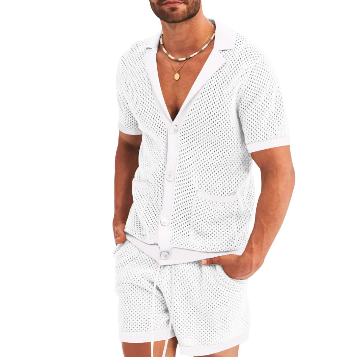 TIOZONEY - Pantalones cortos de manga corta para hombres - Blanco