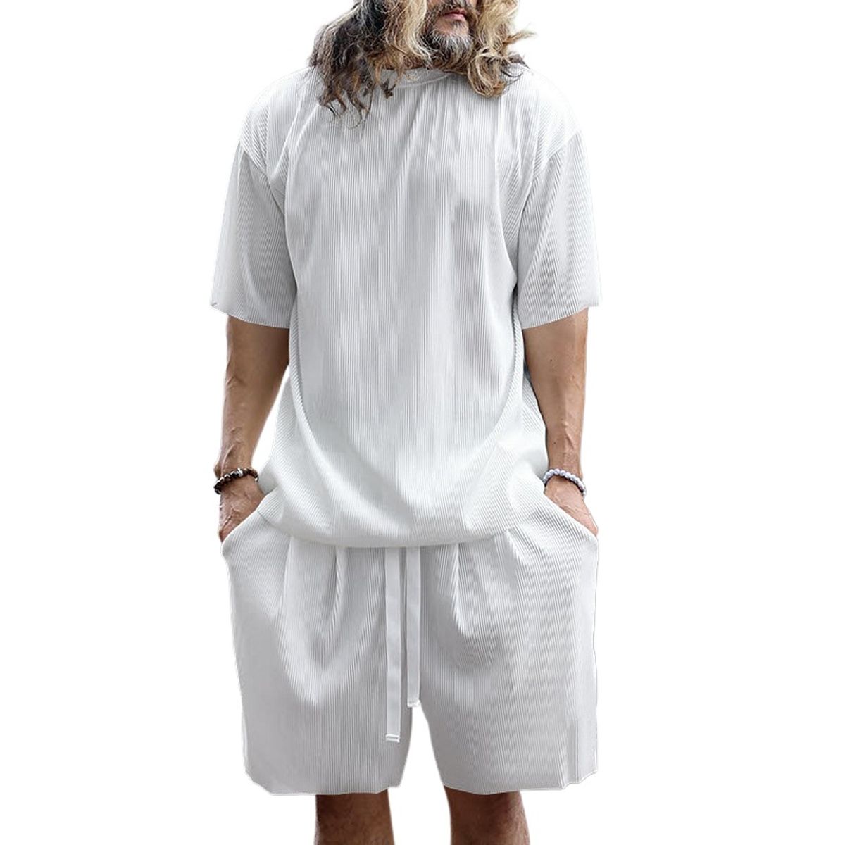 TIOZONEY - Pantalones cortos de manga corta para hombres - Blanco