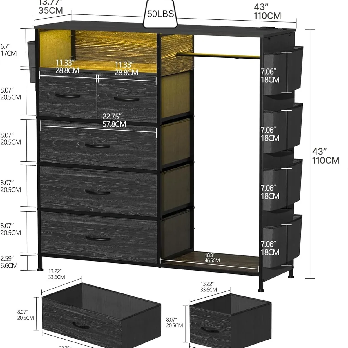 GENERICO - Armario de Dormitorio con 5 Cajones, Bolsillos Laterales, Estación de Carga y luz LED Negro