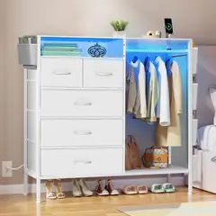 GENERICO - Armario de Dormitorio con 5 Cajones, Bolsillos Laterales, Estación de Carga y luz LED Blanco