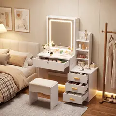 AIZO - Tocador con Espejo LED y 4 Cajones, 3 Modos de Luz, Blanco Moderno, Incluye Banco