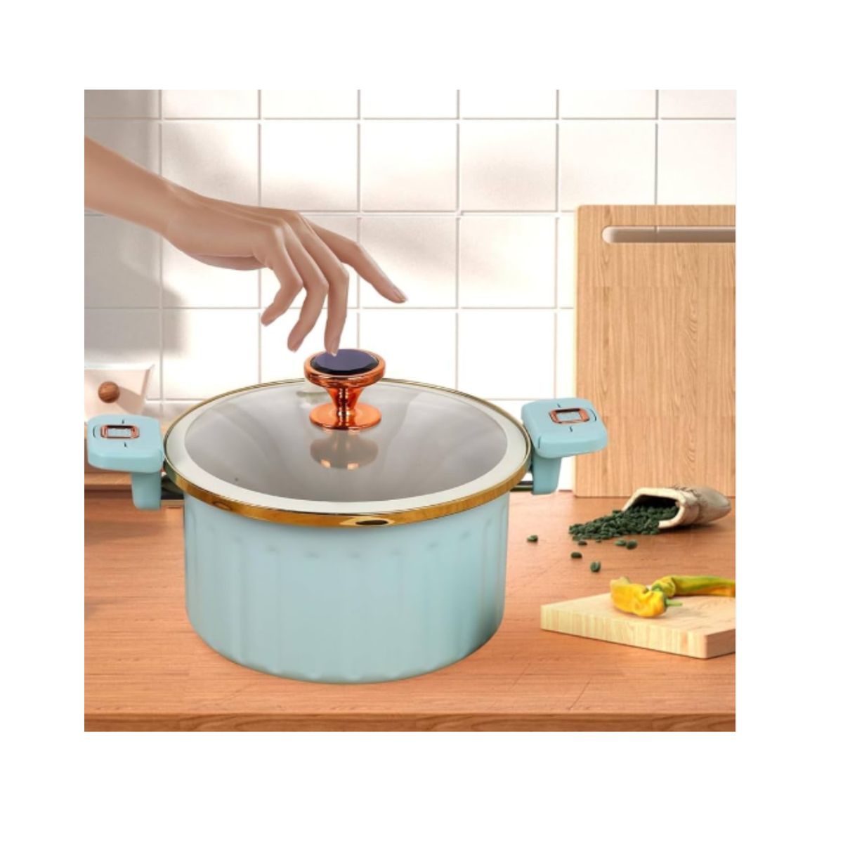 GENERICO - Olla de Micro Presión Roman  - 10 Litros, 28 cm, Diseño Lujo Color Azul y Tapa de Vidrio