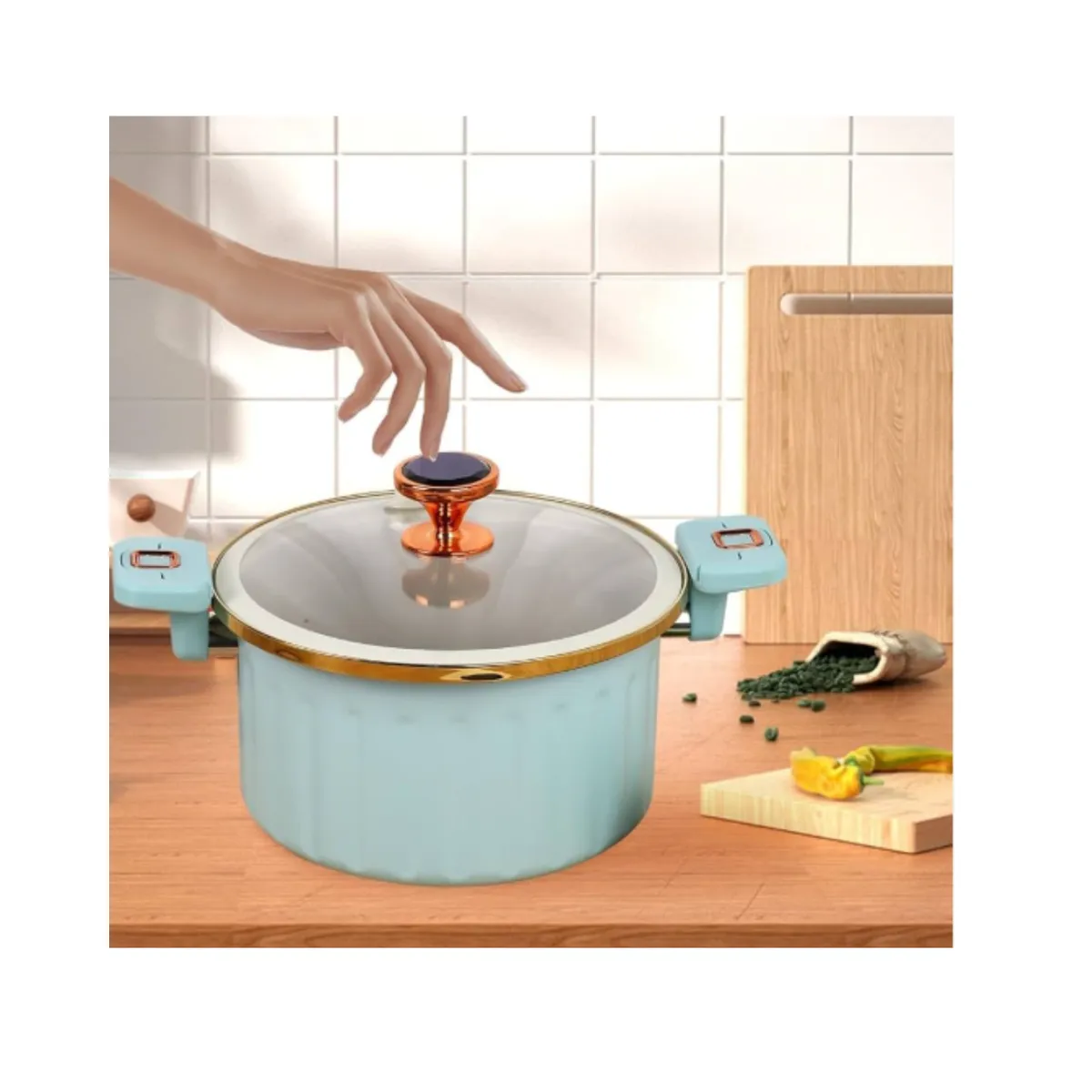 GENERICO - Olla de Micro Presión Roman - 10 Litros, 28 cm, Diseño Lujo Color Azul y Tapa de Vidrio