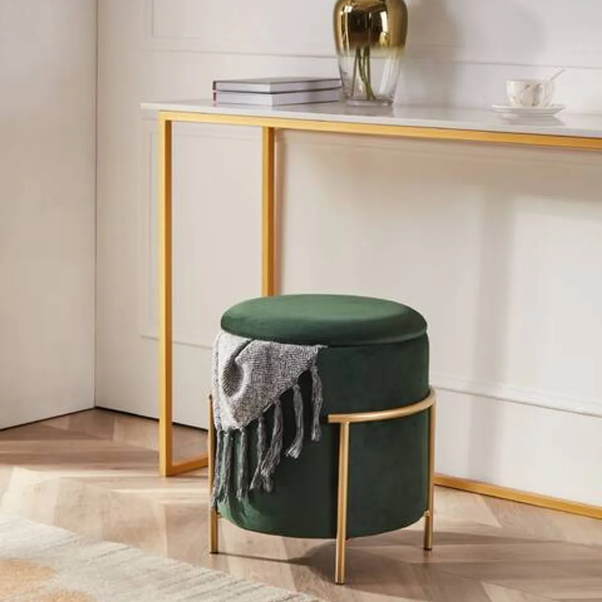 EGLO - Taburete Pouf MASHIKE tela verde y dorado 46×41 cm