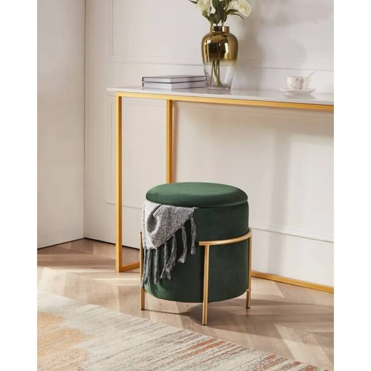 EGLO - Taburete Pouf MASHIKE tela verde y dorado 46×41 cm