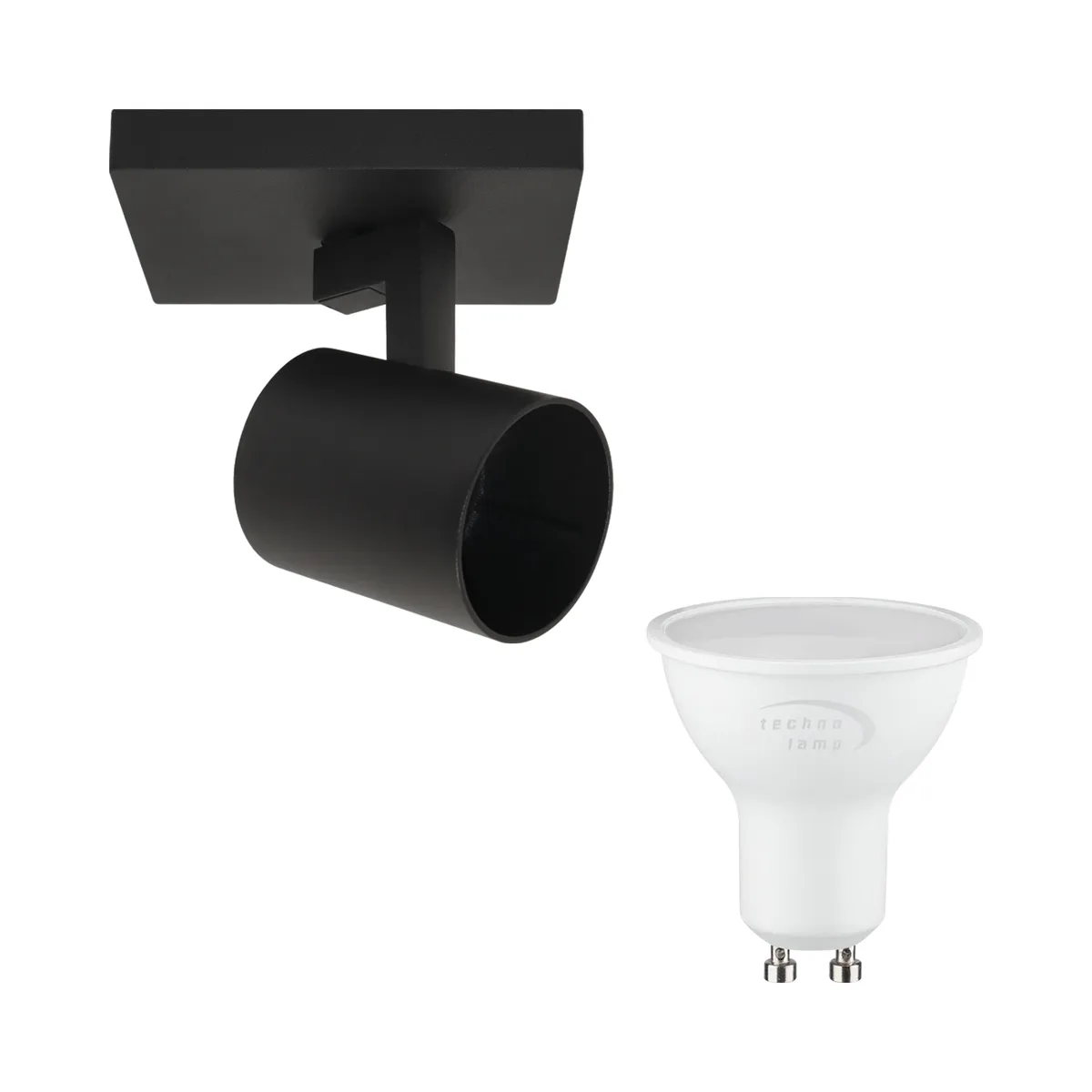 TECHNOLAMP - Pack Foco Sobrepuesto 1P Negro + Ampolleta Luz Cálida Gu10