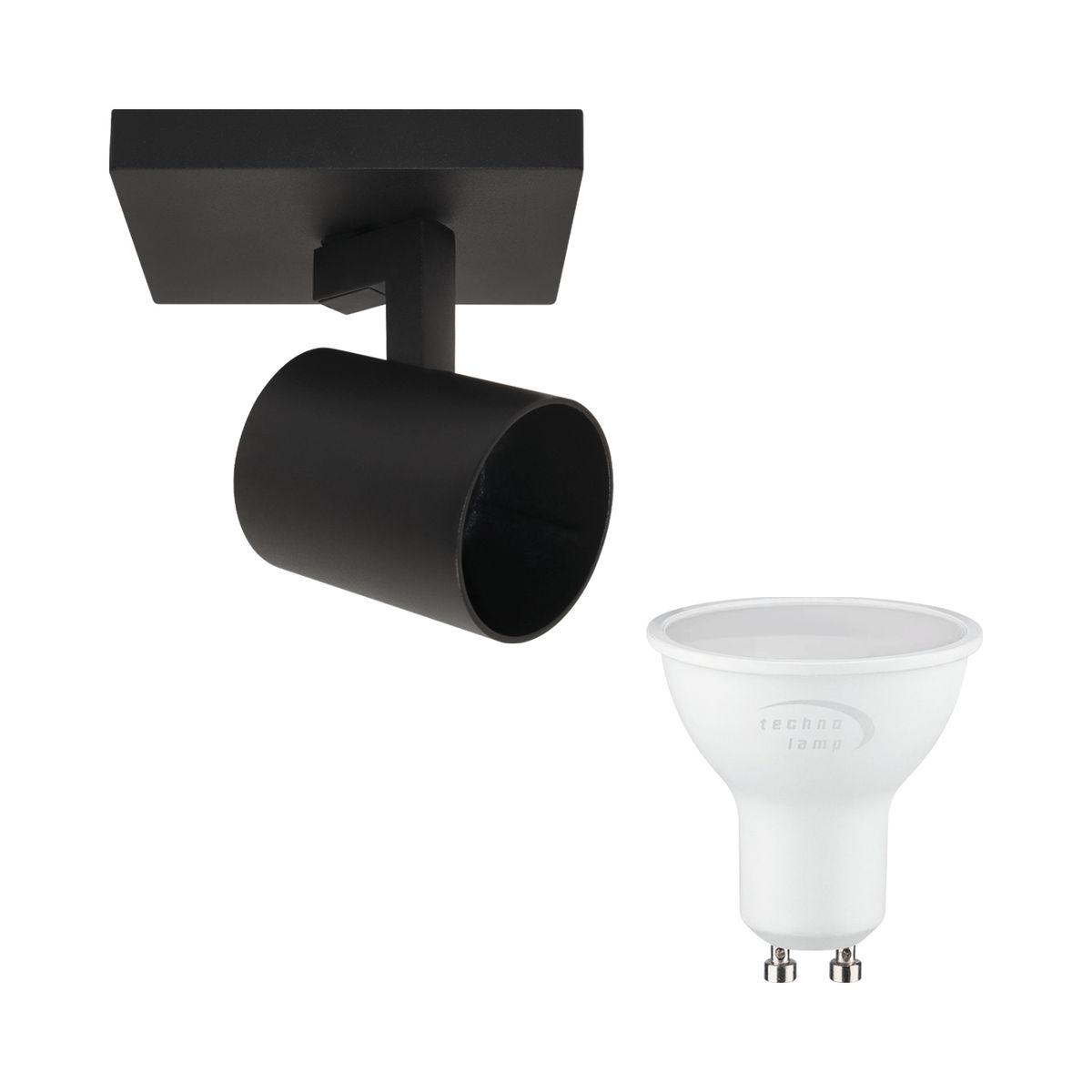 TECHNOLAMP - Pack Foco Sobrepuesto 1P Negro + Ampolleta Luz Cálida Gu10