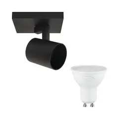 TECHNOLAMP - Pack Foco Sobrepuesto 1P Negro + Ampolleta Luz Cálida Gu10