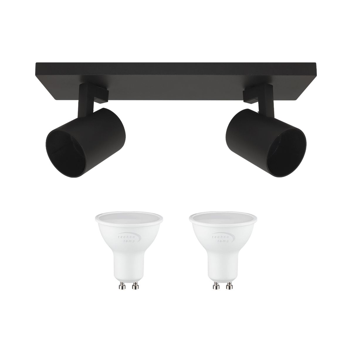 TECHNOLAMP - Pack Foco Sobrepuesto 2P Negro + Ampolleta Luz Cálida Gu10