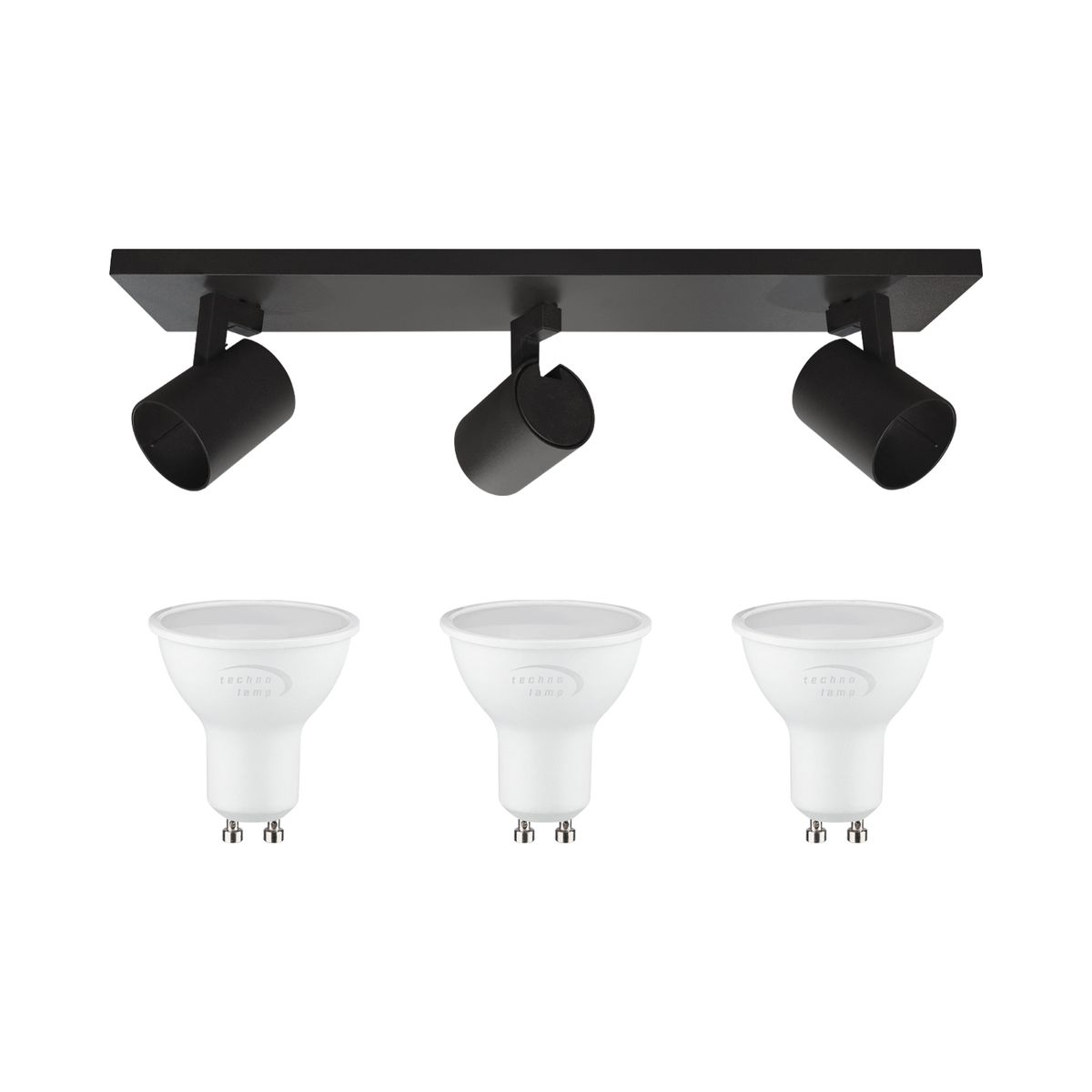 TECHNOLAMP - Pack Foco Sobrepuesto 3P Negro + Ampolleta Luz Cálida Gu10