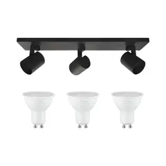 TECHNOLAMP - Pack Foco Sobrepuesto 3P Negro + Ampolleta Luz Cálida Gu10