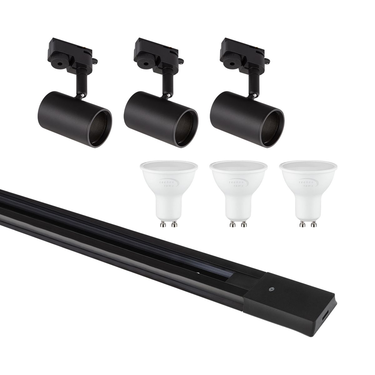 TECHNOLAMP - Pack Riel Negro 1M + 3 Focos Nilo + Ampolleta Cálida Gu10
