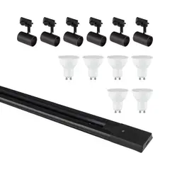TECHNOLAMP - Pack Riel Negro 2M + 6 Focos Nilo + Ampolleta Led Cálida