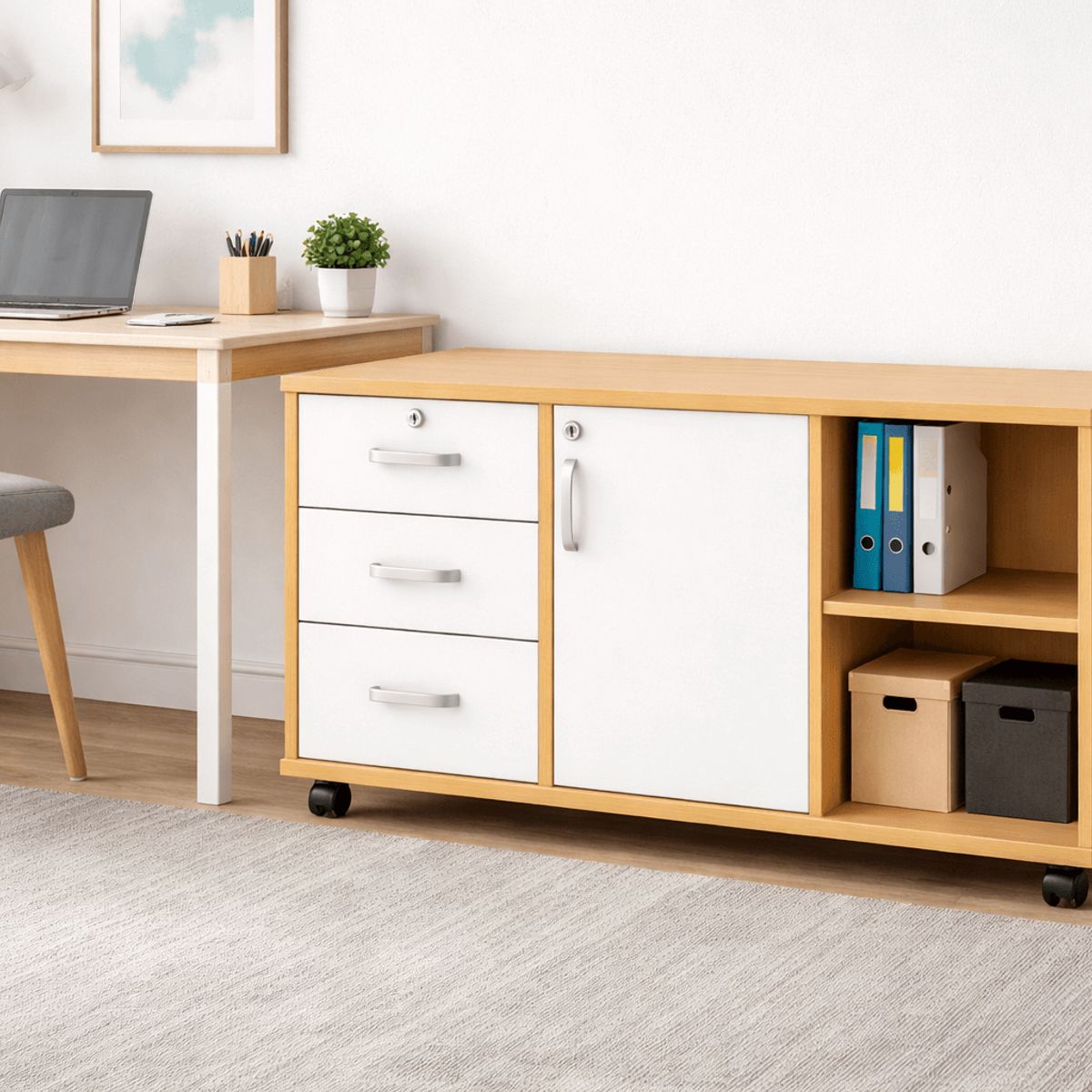 SPACE HOME - Gabinete 3 Cajones con Llave y Ruedas Color Madera