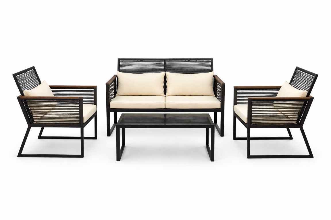 Set Exterior Negro 4 Piezas con Sofa, Sillas y Mesa Vidrio
