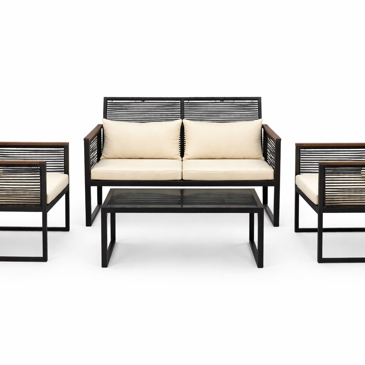 SPACE HOME - Set Exterior Negro 4 Piezas con Sofá, Sillas y Mesa Vidrio