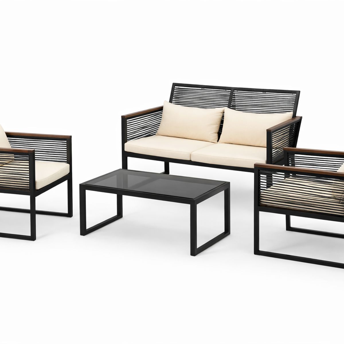 SPACE HOME - Set Exterior Negro 4 Piezas con Sofá, Sillas y Mesa Vidrio