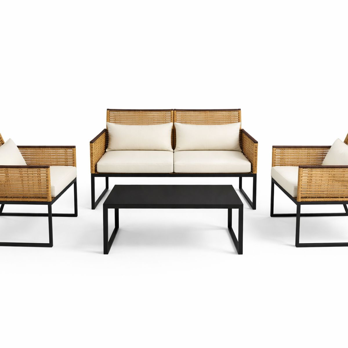 SPACE HOME - Juego Exterior Beige Sofá + 2 Sillas + Mesa con Vidrio