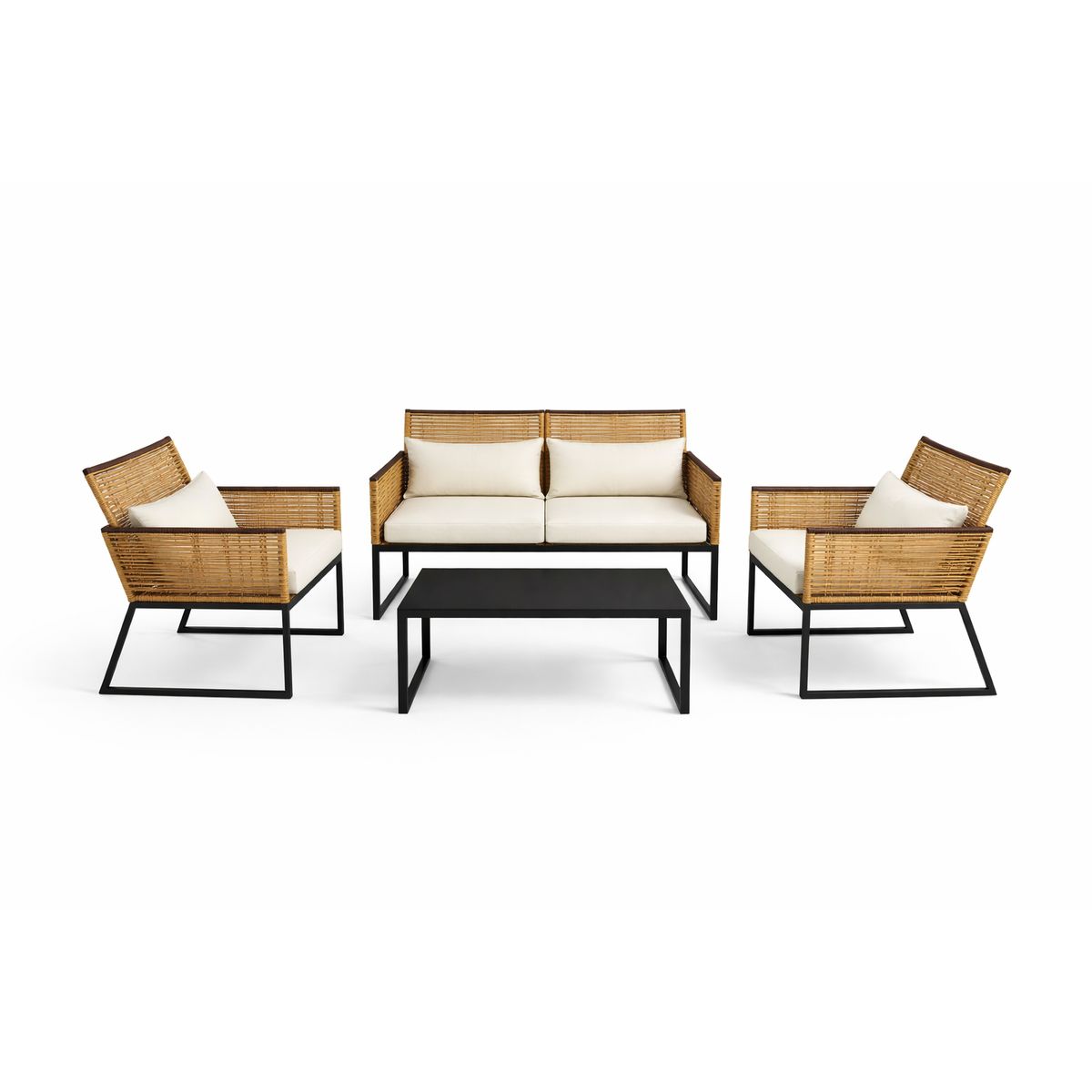 SPACE HOME - Juego Exterior Beige Sofá + 2 Sillas + Mesa con Vidrio