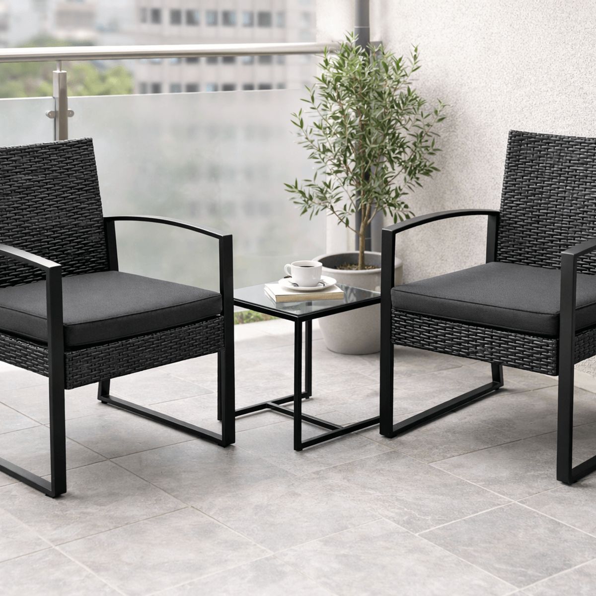 SPACE HOME - Set Terraza Rattan Negro con Mesa Templada