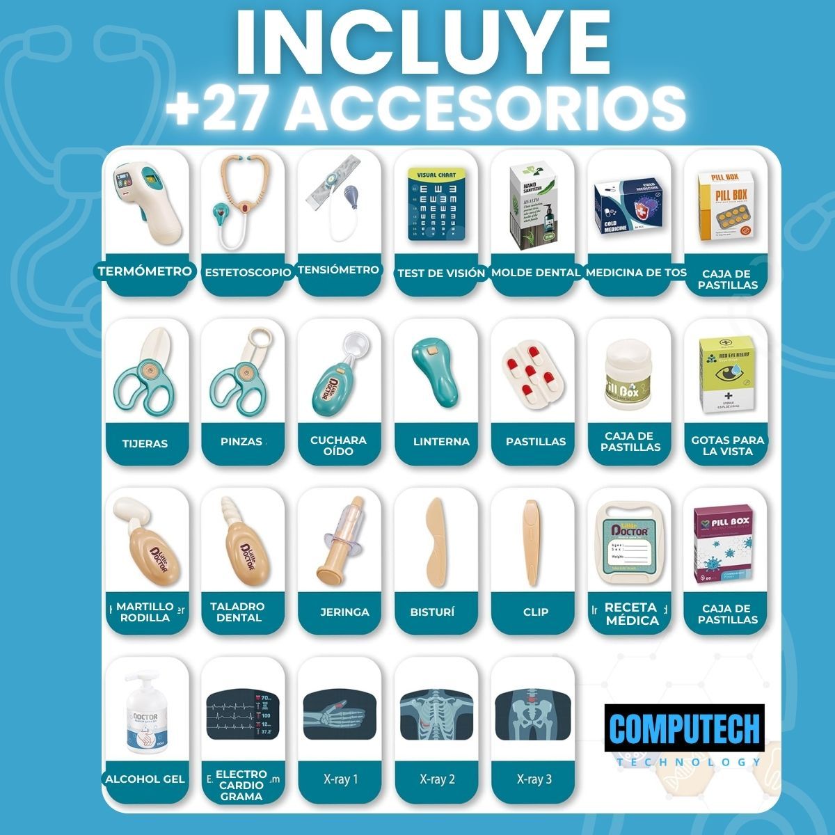 COMPUTECH - Set Juego Doctor Niños Estacion Medica Carrito 26 Piezas