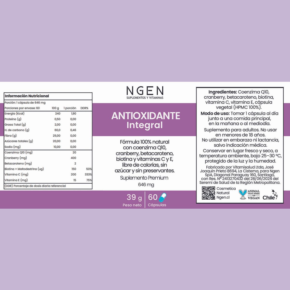 COSMETICA NATURAL NGEN - Suplemento antioxidante integral para 2 meses