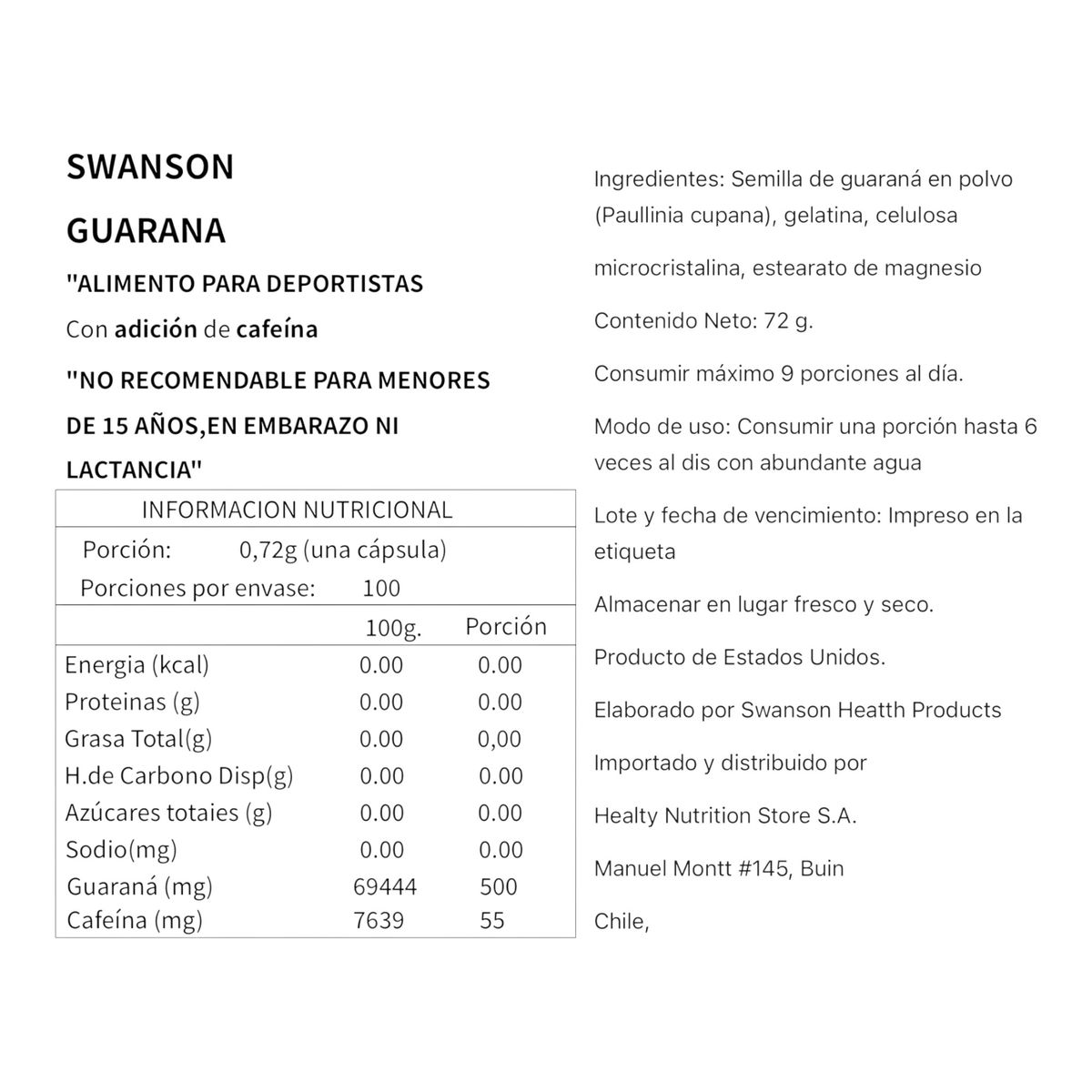 SWANSON - GUARANA 500MG 100 CAPSULAS - SWANSON