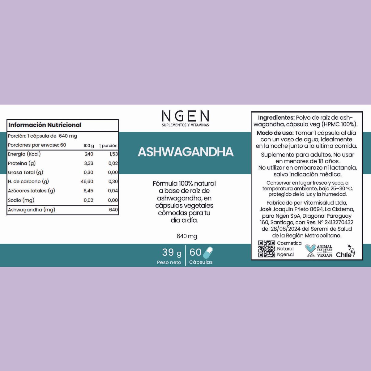 COSMETICA NATURAL NGEN - Suplemento Ashwagandha para 2 meses