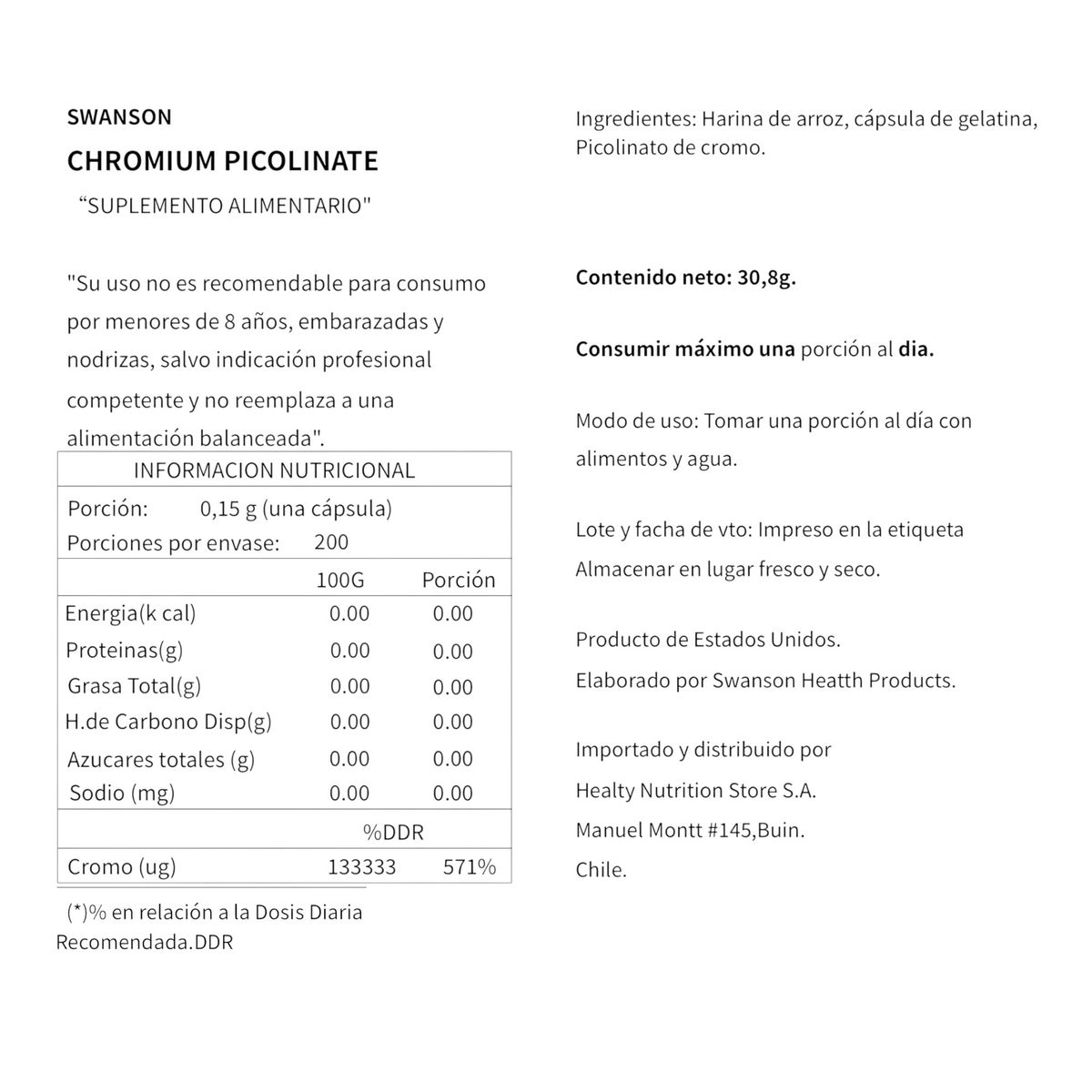 SWANSON - PICOLINATO DE CROMO 200MCG 200 CPS VEGANAS - SWANSON