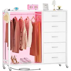 GENERICO - Comoda Cajonera con Perchero, 5 Cajones con Estación de Carga y LED, Almacenamiento Ruedas Blanco