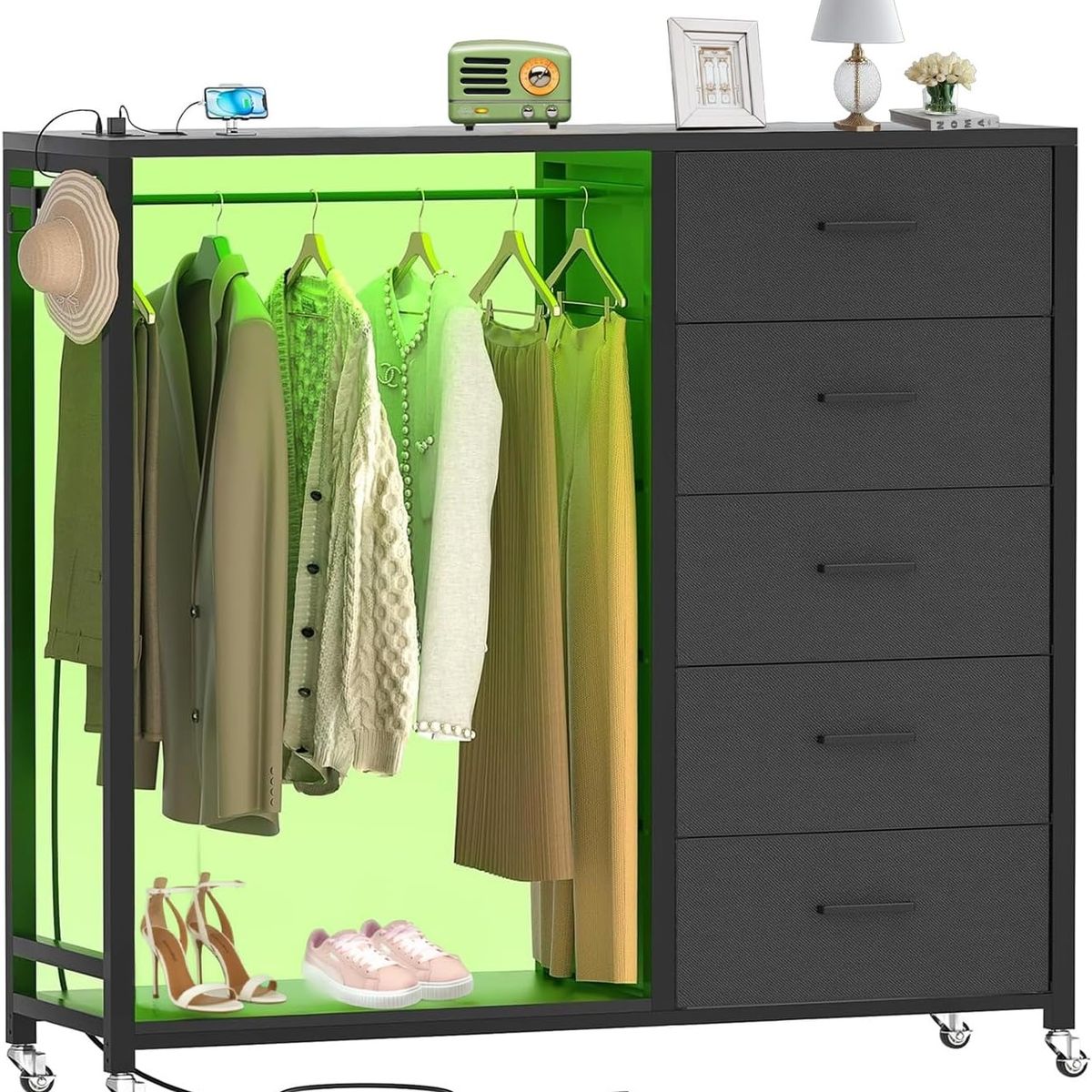 GENERICO - Comoda Cajonera con Perchero, 5 Cajones con Estación de Carga y LED, Almacenamiento Ruedas Negro