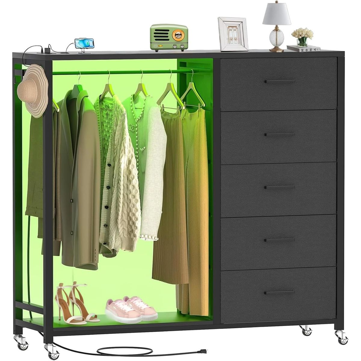 GENERICO - Comoda Cajonera con Perchero, 5 Cajones con Estación de Carga y LED, Almacenamiento Ruedas Negro