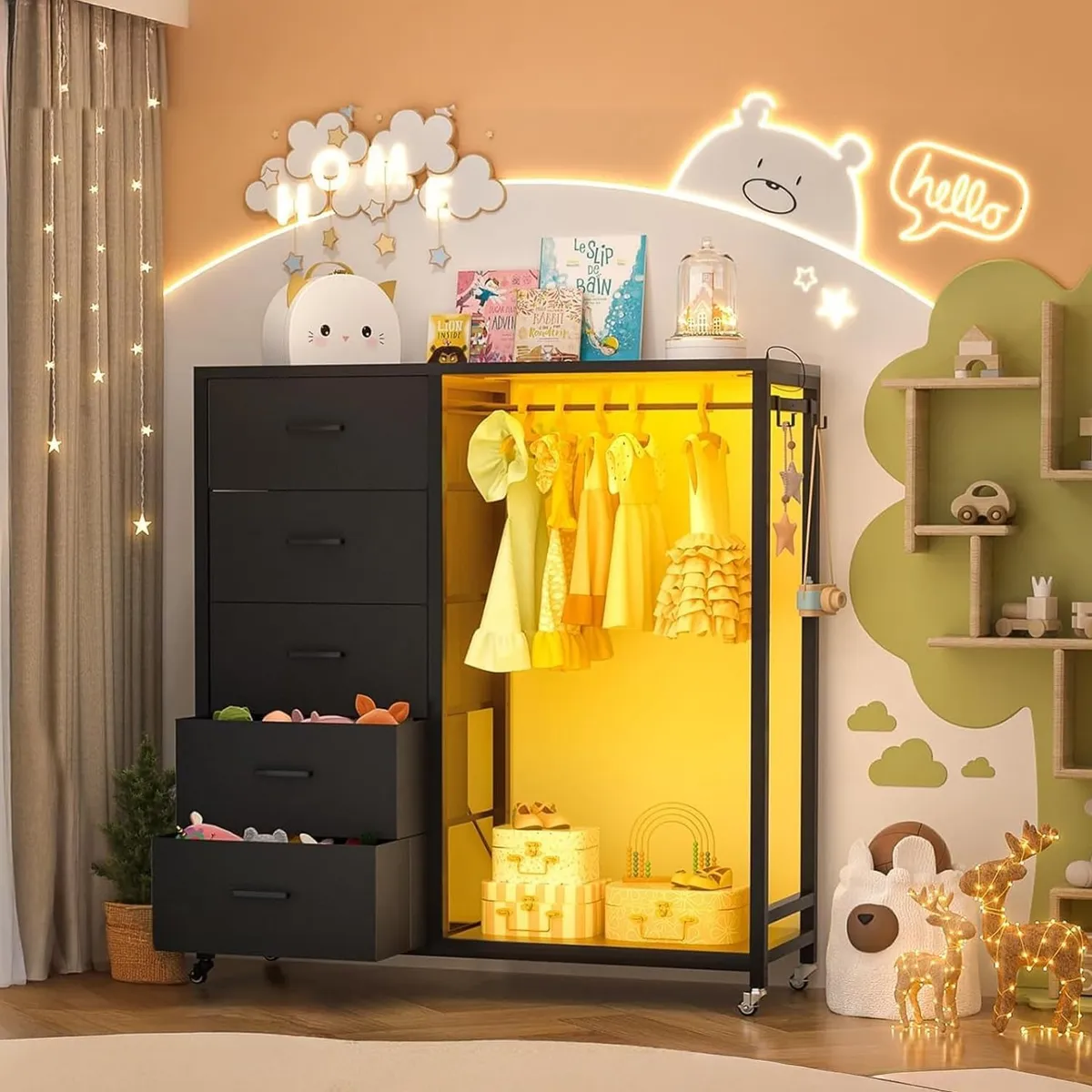 GENERICO - Comoda Cajonera con Perchero, 5 Cajones con Estación de Carga y LED, Almacenamiento Ruedas Negro