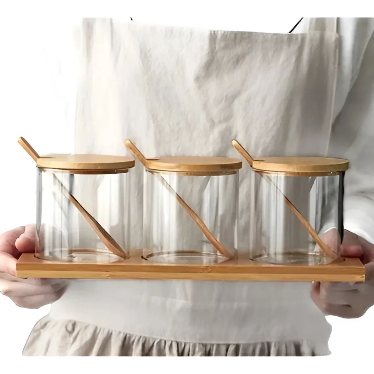 GLASSO - Set 3 Contenedores Vidrio Tapa Bamboo + Bandeja 300 Ml Glasso