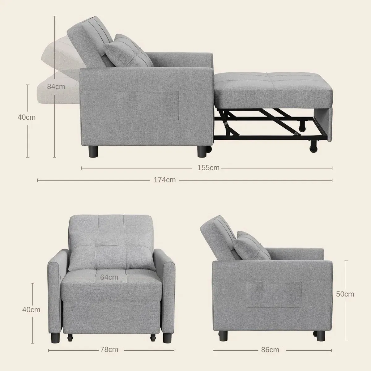 GENERICO - 3 En 1 Sofá Cama Sillón Reclinable Convertible Gris