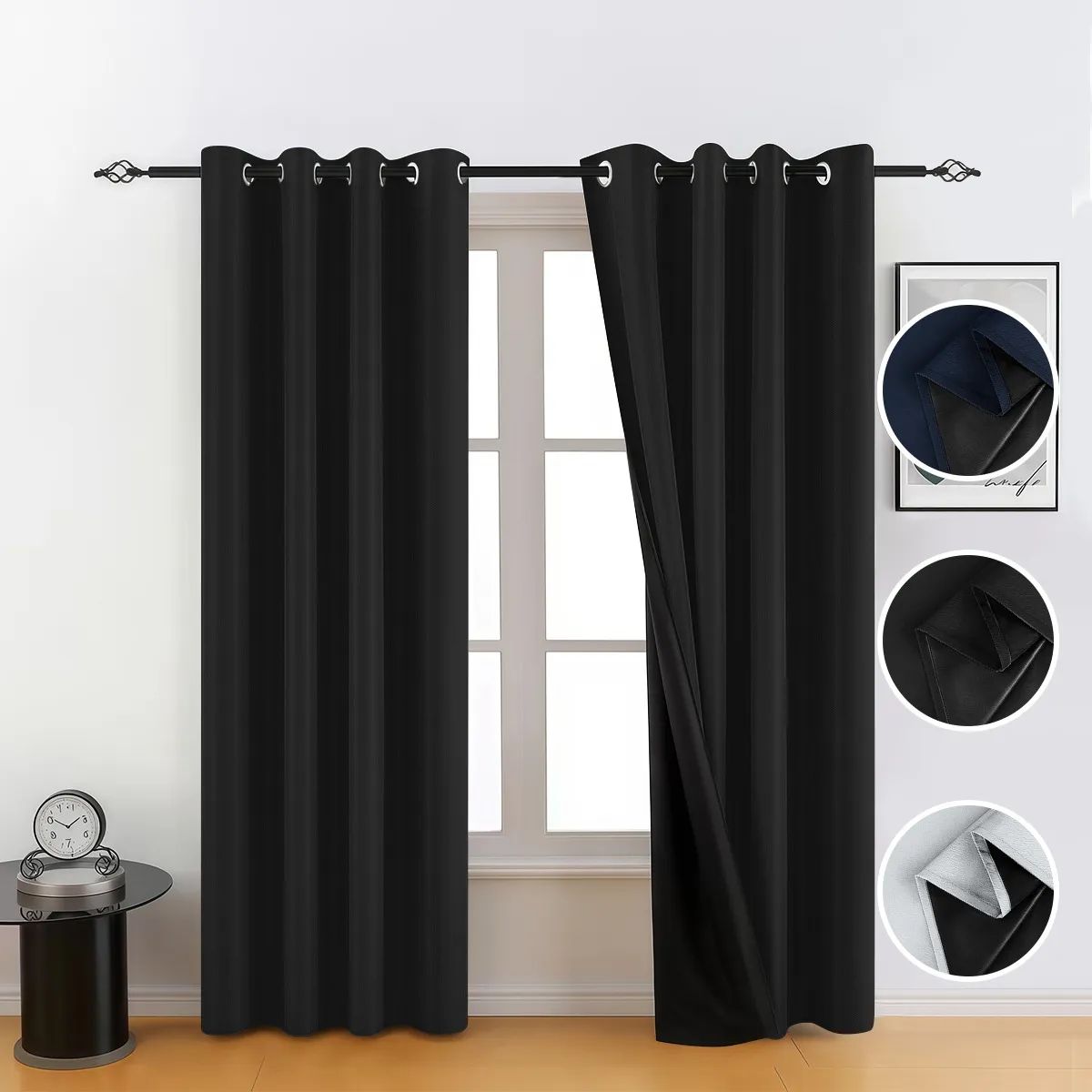 SUPERCENTER - 2 Paños Cortinas Blackout Engomada Tela 140x220 Cm Textura Negro