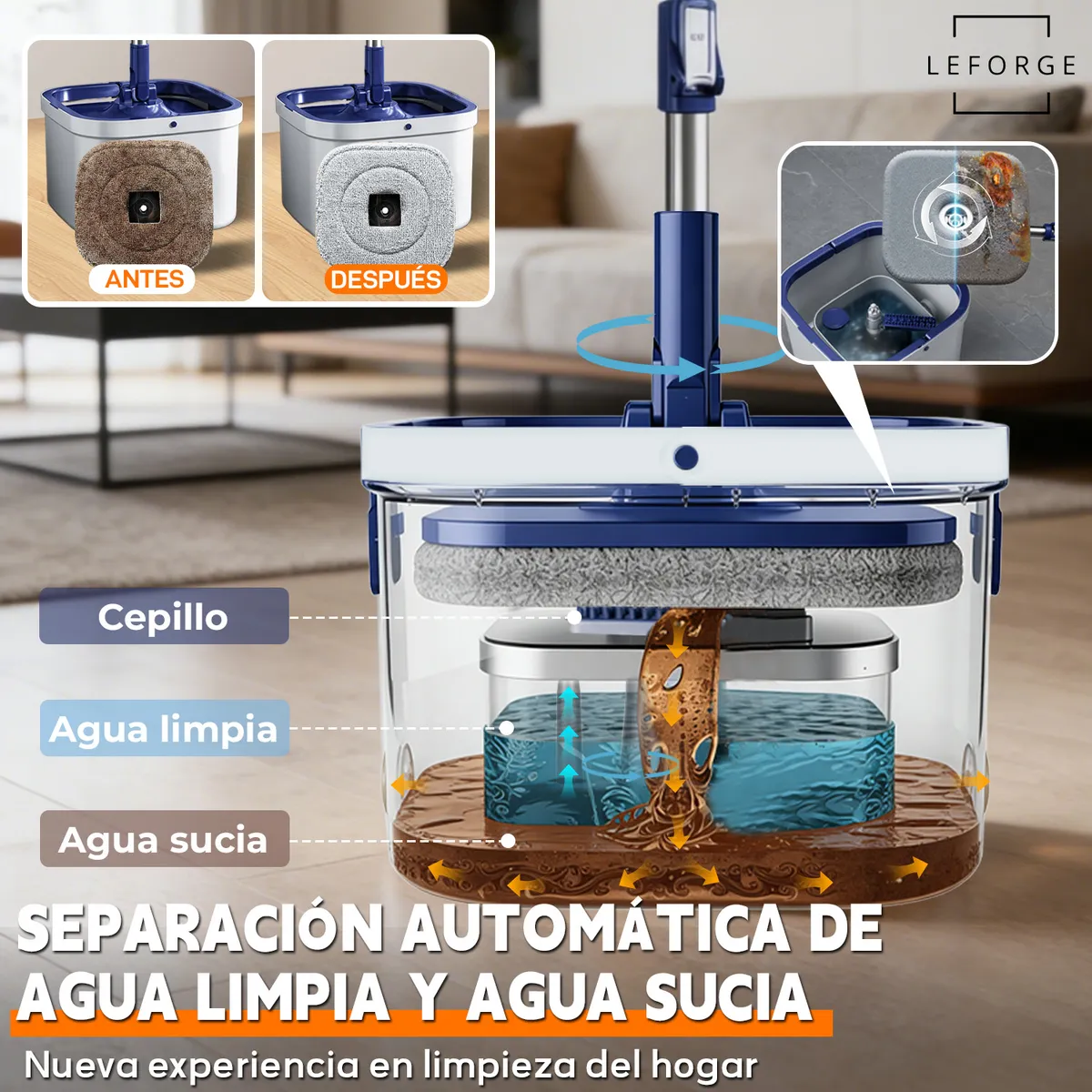 LEFORGE - Mopa Trapeador Giratoria 360° Plegable Con Balde Centrifugo Y Separador De Agua Sucia