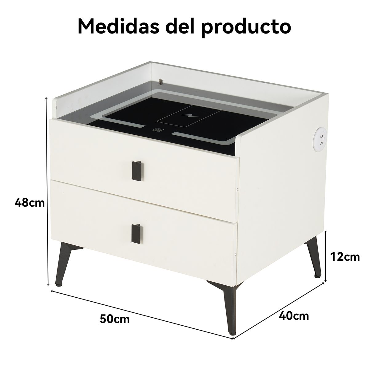 ROHE - Velador Inteligente con Carga Inalámbrica LED 3 Colores y 2 Cajones Blanco