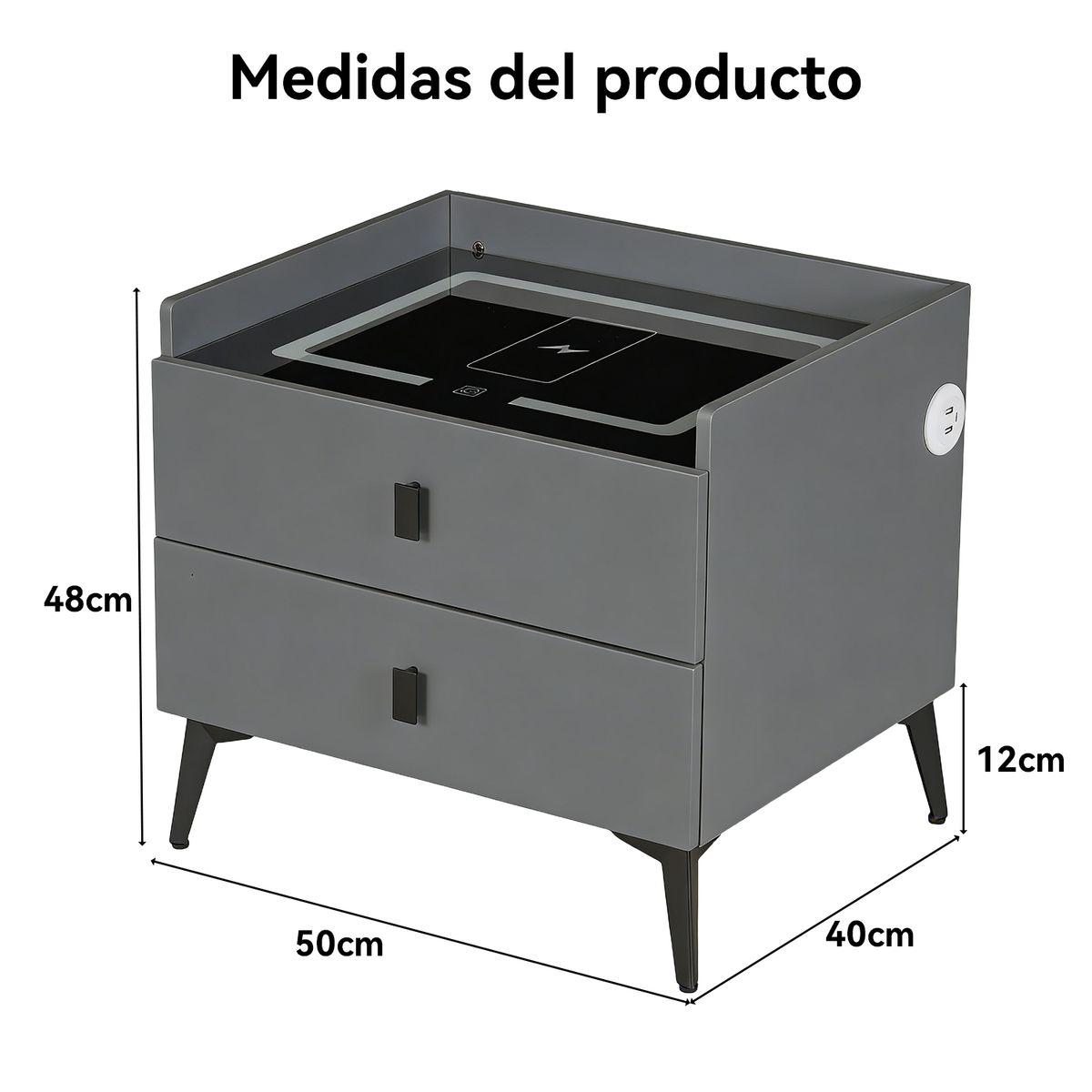 ROHE - Velador Inteligente con Carga Inalámbrica LED 3 Colores y 2 Cajones Gris.