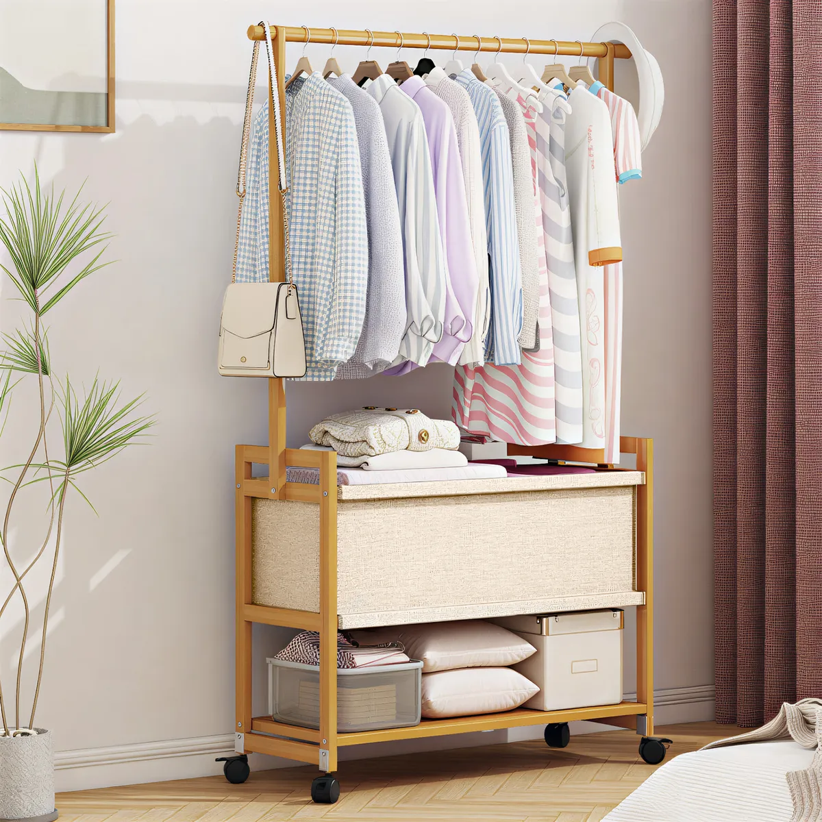 ROHE - Organizador Perchero Con Rueda Gancho Canasto 70x160cm Madera