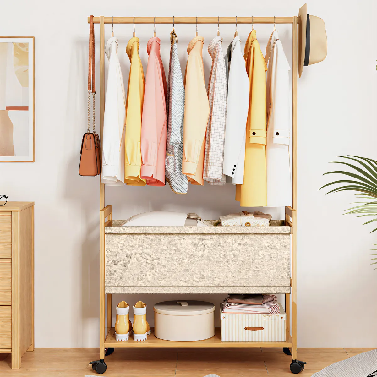 ROHE - Organizador Perchero Con Rueda Gancho Canasto 70x160cm Madera