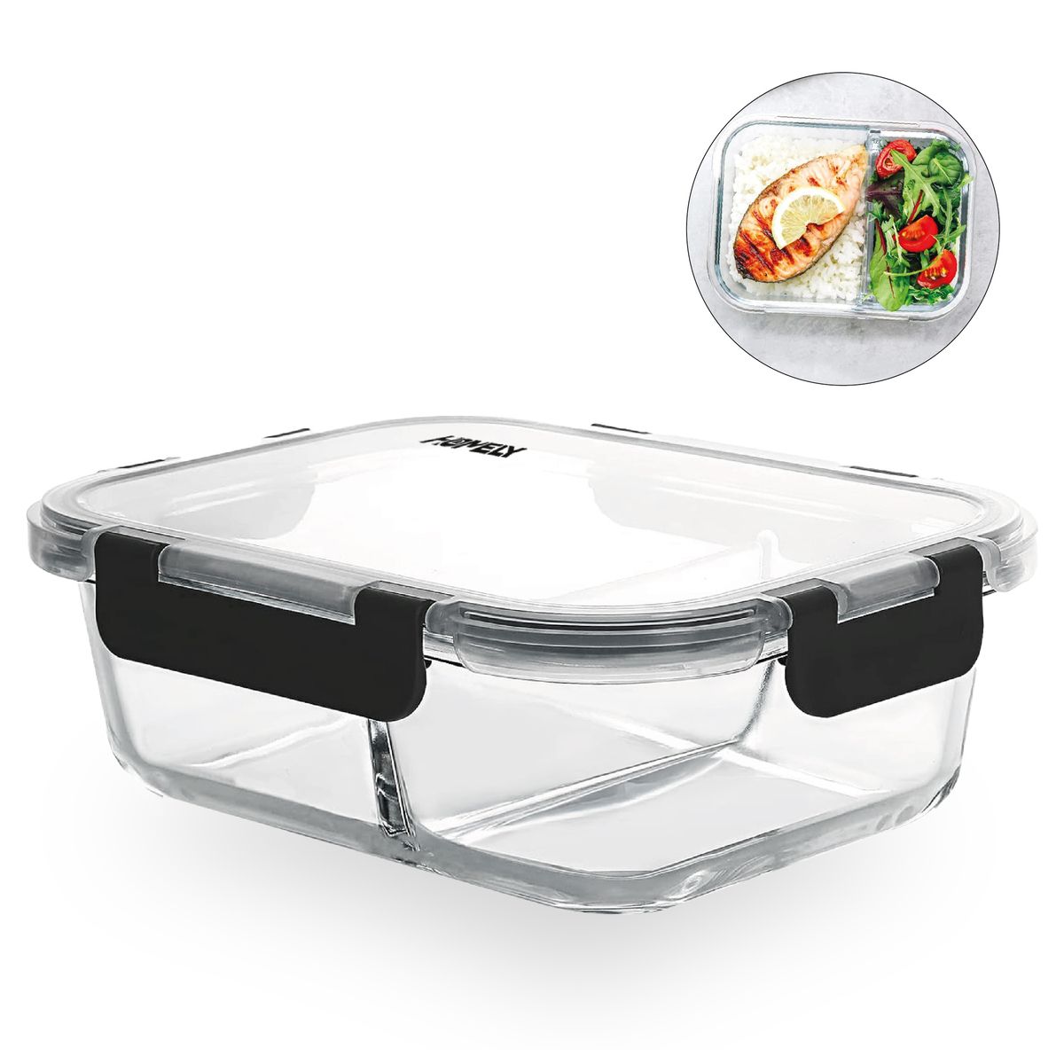 HOMELY - Tupper Frasco Vidrio Con Divisiones 965 Ml Templado Homely