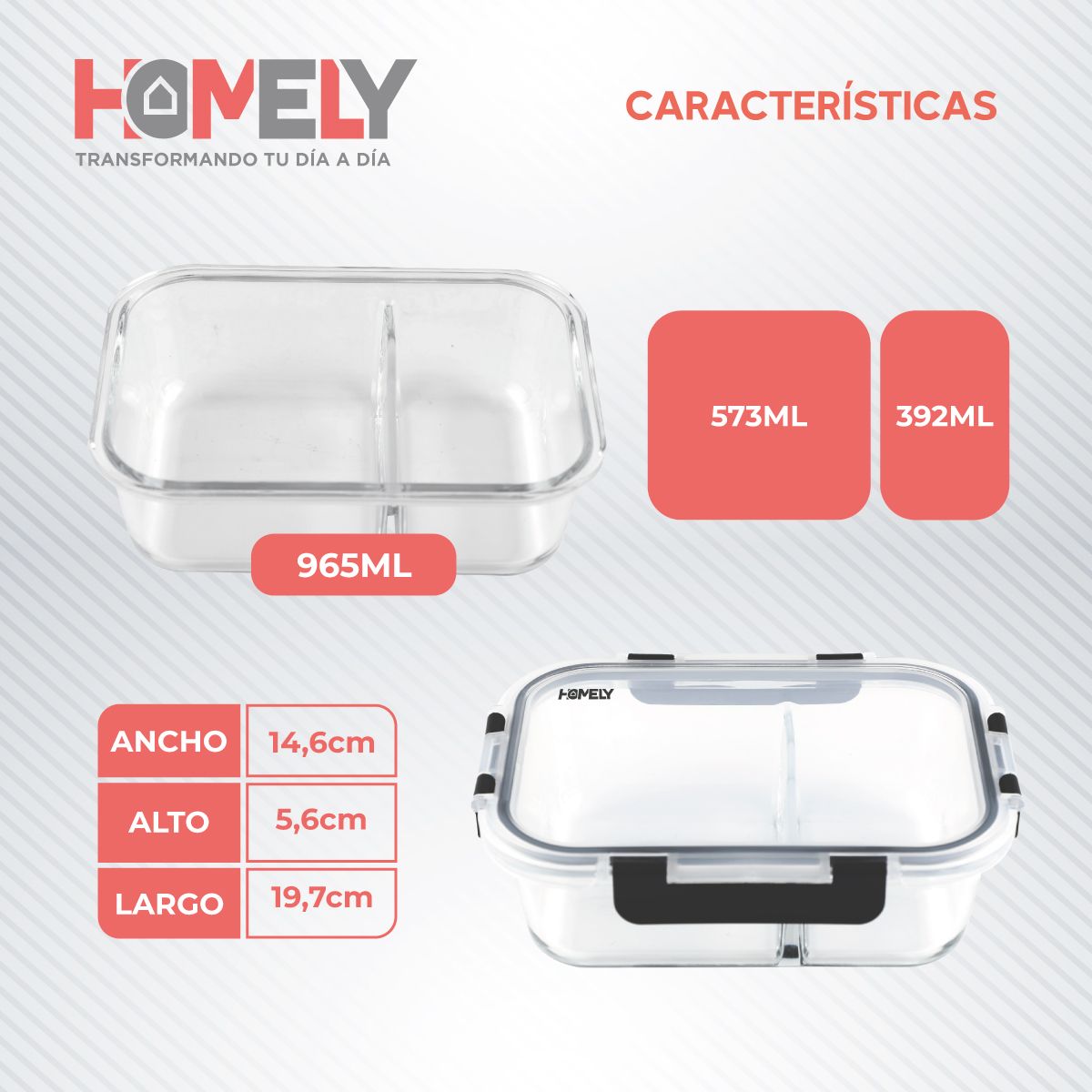 HOMELY - Tupper Frasco Vidrio Con Divisiones 965 Ml Templado Homely