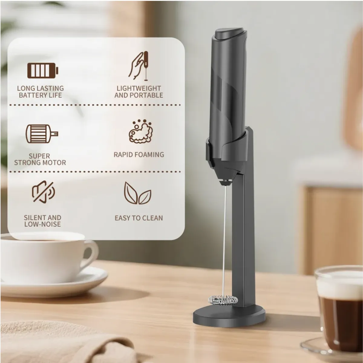 IRM - Batidor Espumador De Leche Eléctrico Con Base De Soporte Negro