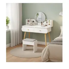 GENERICO - Mesa De Noche Tocador De Madera 2 Cajones Espejo Led y Banco touch