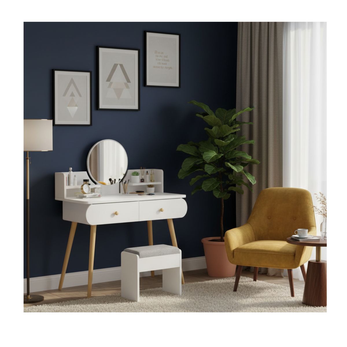 GENERICO - Mesa De Noche Tocador De Madera 2 Cajones Espejo Led y  Banco touch