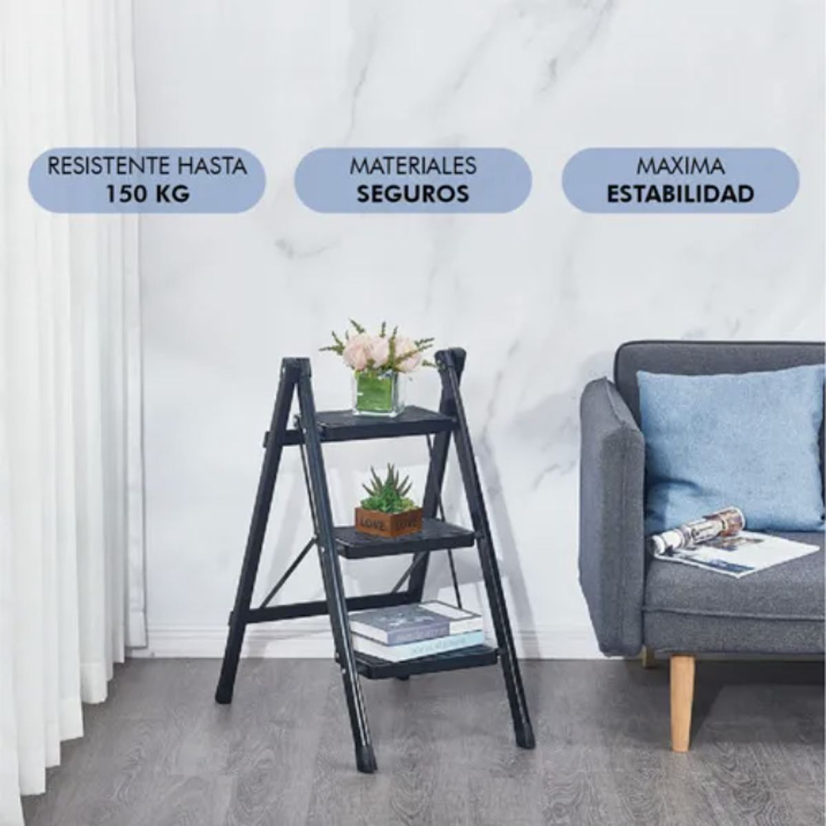 OKAY - Escalera Banqueta Plegable 3 Escalones Tijera Aluminio Color Negro Marca Hardpro