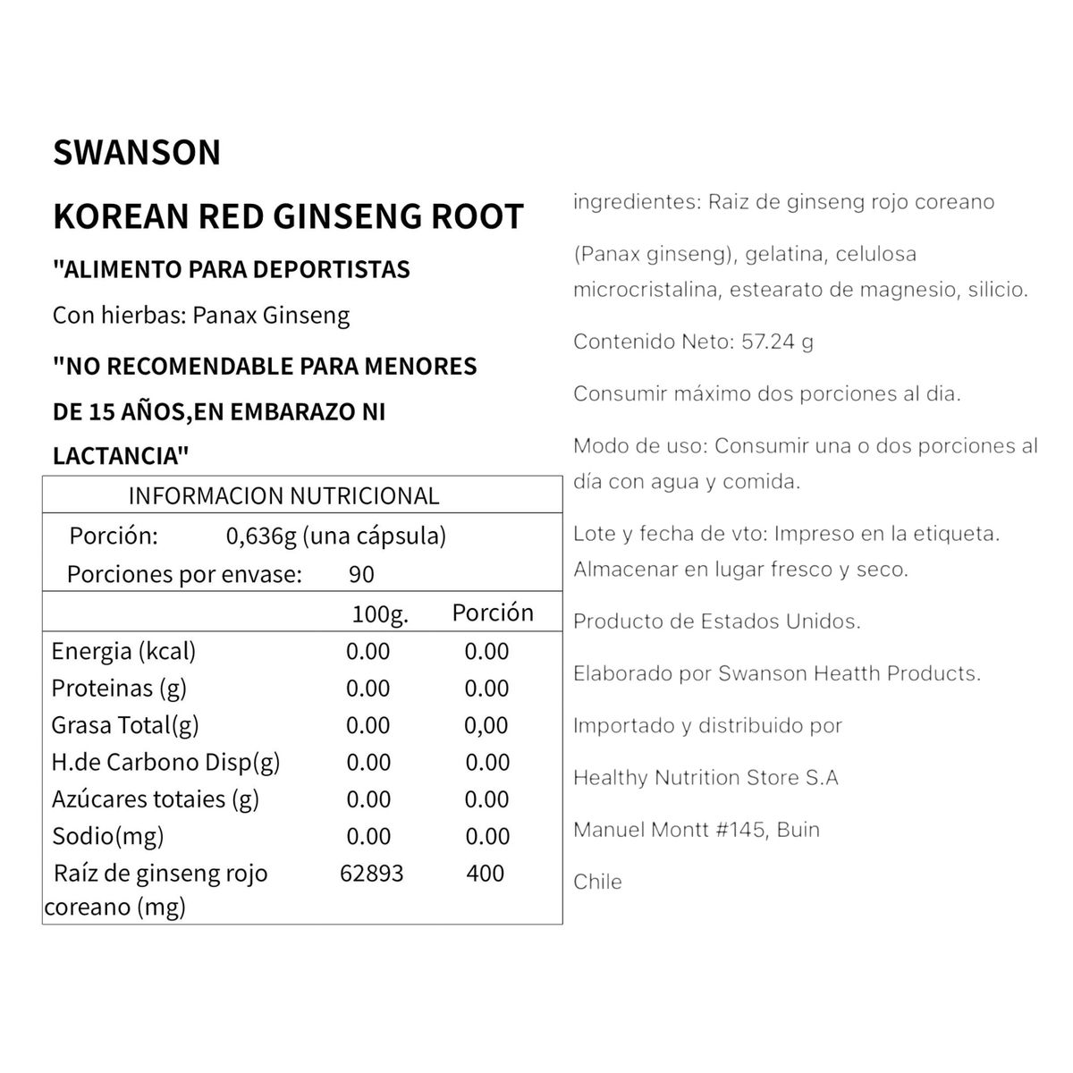 SWANSON - GINSENG COREANO ROJO 400MG 90 CAPSULAS - SWANSON