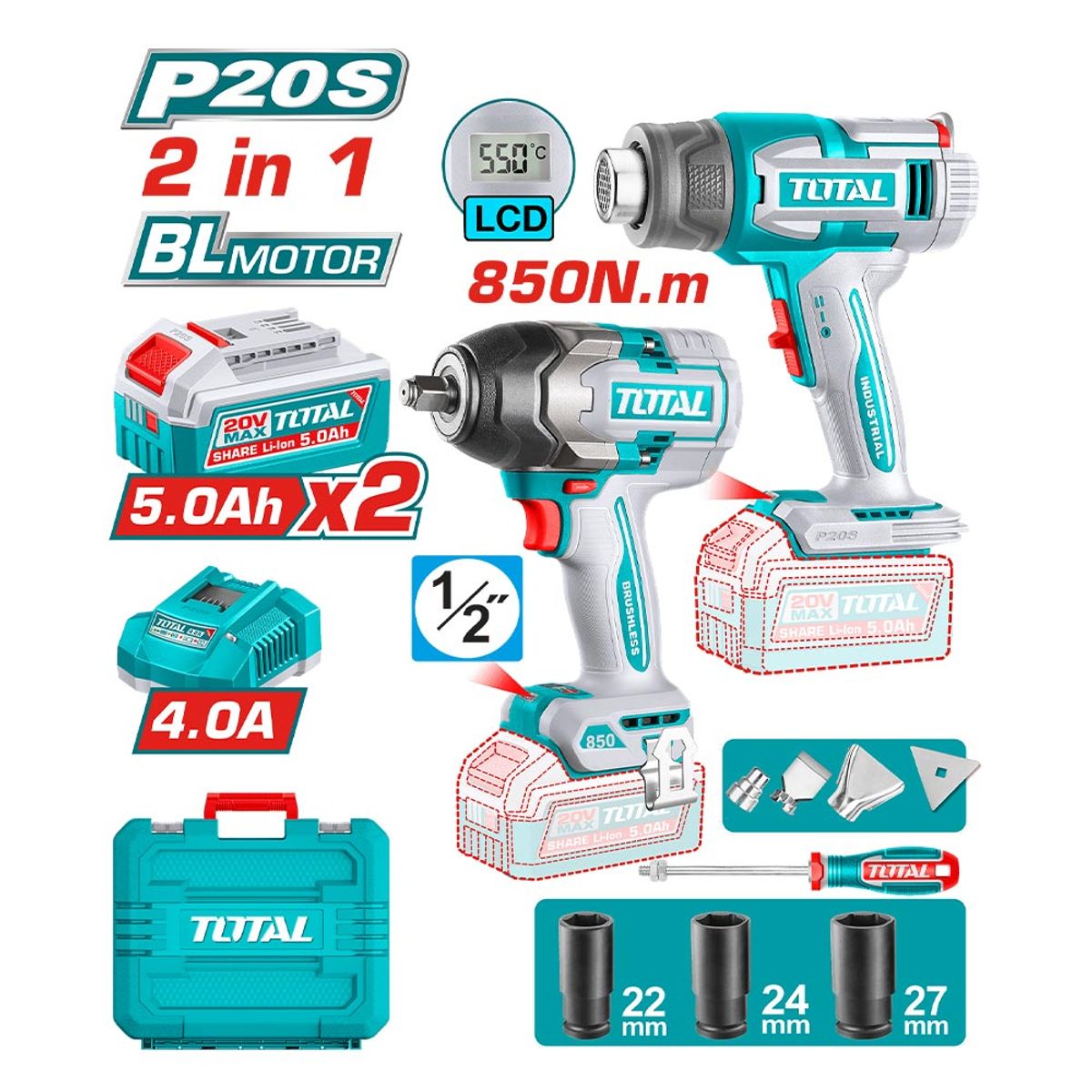 TOTAL TOOLS Kit Llave Impacto 850Nm + Pistola Calor 550 °C + Accesorios ...