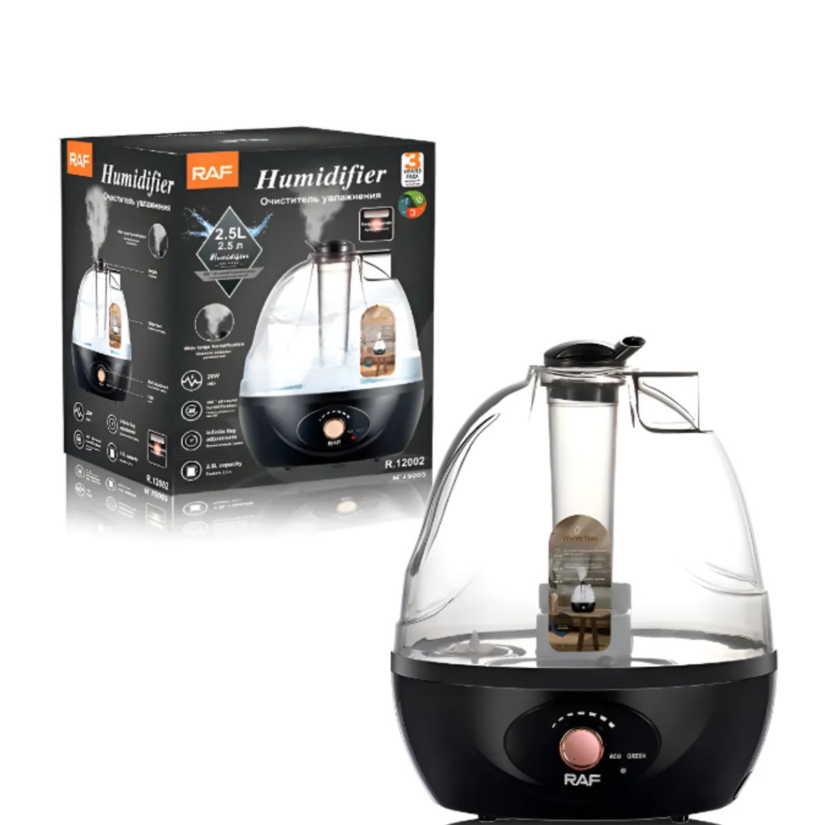 RAF - Humidificador De Aire Ultrasónico Silencioso 20w 25l Negro
